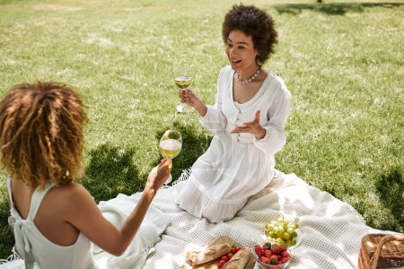 Foto de Mujer afroamericana emocionada con copa de vino hablando con su novia, comida en manta, picnic de verano - Imagen libre de derechos
