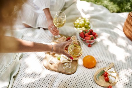 Foto de Vista recortada de las mujeres afroamericanas con copas de vino cerca de aperitivos en el picnic de verano - Imagen libre de derechos