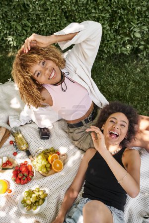 Picknickspaß, lachende afrikanisch-amerikanische Freundinnen, die in der Nähe von Imbissen und Wein in die Kamera schauen, von oben gesehen