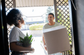 smiling african american man holding carton box near girlfriend with plant in door of new house Mouse Pad 667987062