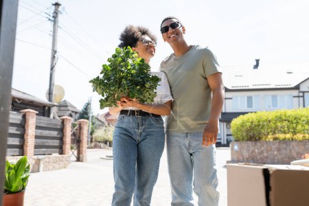 pareja afroamericana positiva sosteniendo planta de interior cerca de caja de cartón durante la reubicación al aire libre