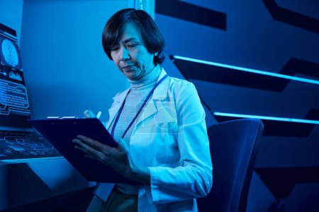 Expertise futuriste : une femme scientifique chevronnée enregistre des données dans un futur centre scientifique