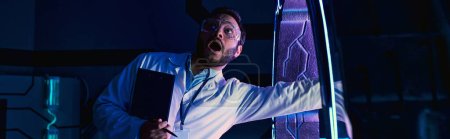 scared indian scientist screaming while putting hand into new device in innovation hub, banner puzzle 668554668