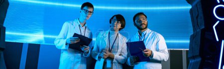 multiethnic scientists exploring innovative equipment in science center, banner