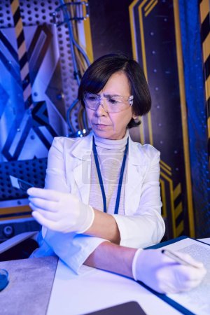 explorando universo, mujer científica en gafas mirando papel de tornasol en laboratorio experimental