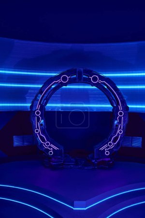 futuristische Technologien, bogenförmiges neonbeleuchtetes Gerät im Zentrum für wissenschaftliche Innovation