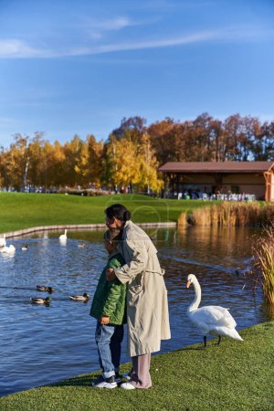 bonding, african american woman and son in outerwear standing near swans in pond, autumn season