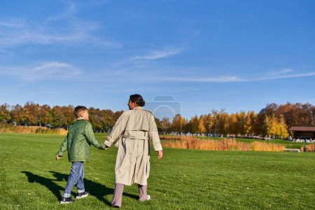 cheerful african american mother and child holding hands, walking on green grass, warm autumn days