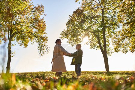 silueta de la madre y el niño tomados de la mano en el parque de otoño, temporada de otoño, vinculación y amor