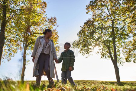 madre y el niño afroamericanos tomados de la mano y caminando cerca de los árboles en el parque de otoño, temporada de otoño