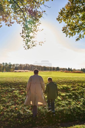 back view, mother and son walking in park, hold hands, autumn, fall season, trees, african american