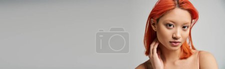 portrait of young asian woman looking at camera isolated on grey backdrop, natural makeup, banner