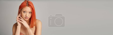 portrait of charming young asian woman with perfect skin looking at camera on grey backdrop, banner
