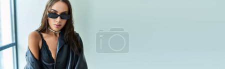 Foto de Retrato de mujer seductora en gafas de sol posando en ropa interior de encaje negro y abrigo de cuero, bandera - Imagen libre de derechos