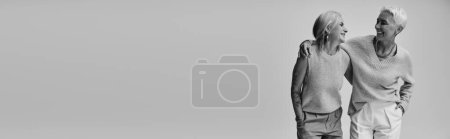 Téléchargez les photos : Photo noir et blanc d'amies aînées à la mode qui se sourient sur fond gris, bannière - en image libre de droit
