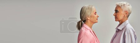 Photo for Side view of trendy mature women in blue and pink casual attire posing on grey backdrop, banner - Royalty Free Image