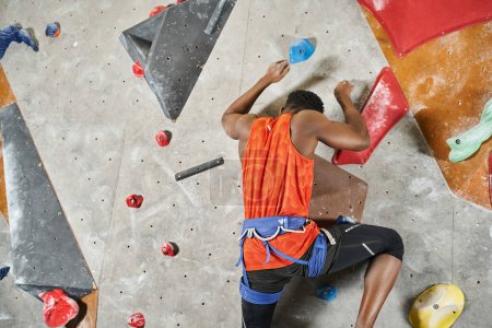 athletic young african american man with alpine harness ascending up bouldering wall, back view