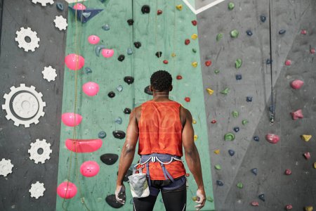 back view of athletic african american man with alpine harness posing next to bouldering wall