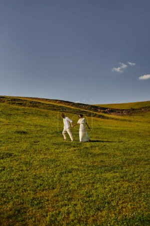 scenic landscape, just married couple walking in green field, young newlyweds in wedding gown
