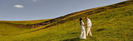beautiful landscape, just married couple walking in green field, young newlyweds on hills, banner