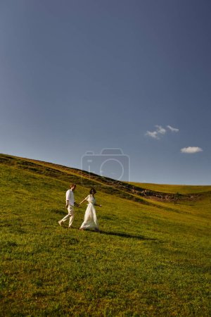 scenic landscape, young newlyweds in wedding gown walking in green field, just married couple