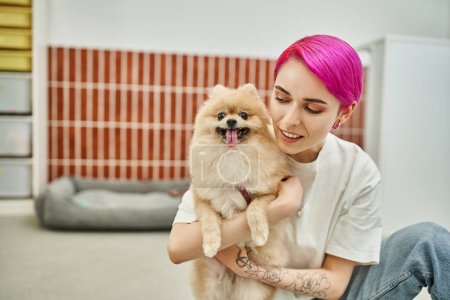 cuidando perro sitter abrazando adorable pomeranian spitz en acogedor animal doméstico hotel, mascota concepto amigable
