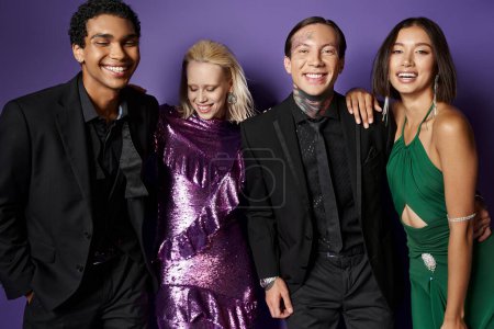 New year 2024, joyful multiethnic male and female friends in festive attire laughing on purple