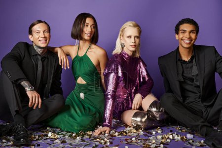 Nouvel An 2024, amis interracial en tenue de fête assis sur confettis festifs sur fond violet