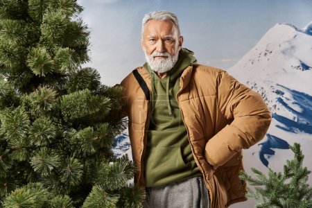 Sportlicher Weihnachtsmann steht neben Kiefer und blickt mit der Hand auf Hüfte in die Kamera, winterliches Konzept