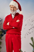 cheerful white bearded man dressed in Santa costume crossing hands smiling at camera, winter concept tote bag #681089194