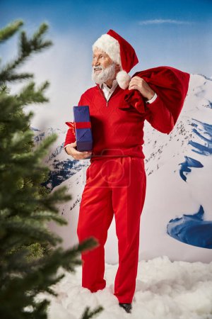 Fröhlicher Weihnachtsmann posiert mit Geschenktüte und Geschenk in der Hand und schaut bei Tanne weg, Winterkonzept