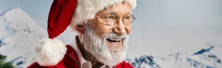 joyful white bearded man in red hat and glasses smiling happily looking away, winter concept, banner