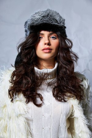 gorgeous woman in white faux fur jacket, hat and sweater posing on grey backdrop, winter beauty
