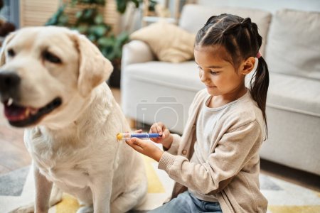 lächelndes Mädchen in lässiger Kleidung spielt Arzt mit Labrador im modernen Wohnzimmer, Spielzeugspritze