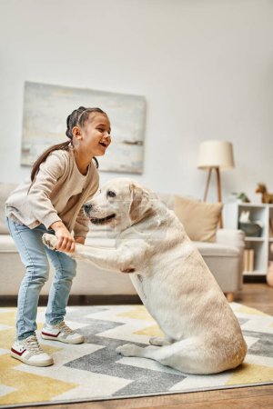 cheerful girl in casual wear training labrador dig and laughing in modern living room, happy moment