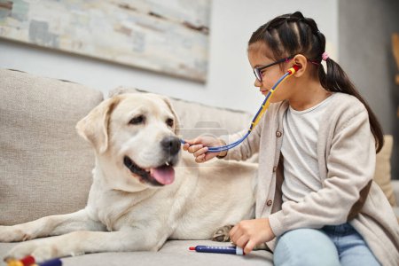 glückliches Mädchen in Freizeitkleidung und Brille spielt Arzt mit Labrador auf Sofa im modernen Wohnzimmer