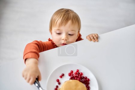 adorable niña en cómodo suéter naranja tratando de llegar a un poco de desayuno en la mesa