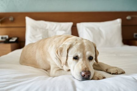 labrador blanc couché sur le lit dans une chambre d'hôtel acceptant les animaux, voyage avec le concept de compagnon animal