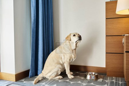 perro labrador blanco sentado al lado de un tazón con comida para mascotas en una habitación en un hotel que acepta mascotas, viaje
