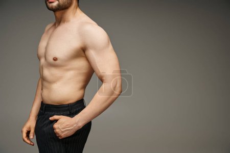 cropped photo of shirtless man with bare chest posing in pinstripe pants on grey background