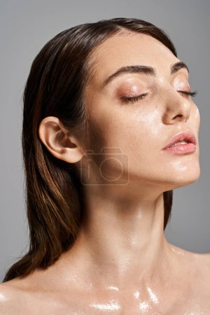 Photo for A young caucasian woman with brunette hair, eyes peacefully closed, embodying tranquility and inner peace. - Royalty Free Image