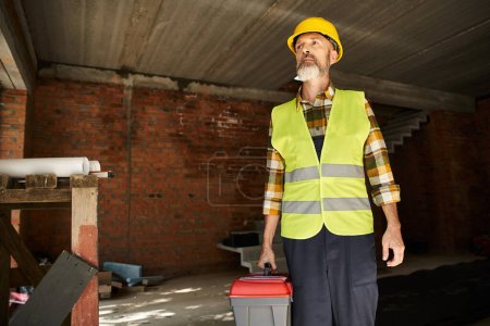 Téléchargez les photos : Beau travailleur de la construction barbu dans le casque de sécurité et gilet tenant la boîte à outils et regardant loin - en image libre de droit