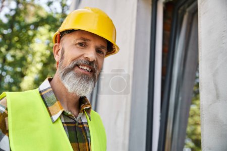 cheerful good looking cottage builder in vibrant safety vest and helmet smiling happily at camera