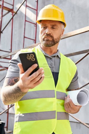 Foto de Plano vertical de trabajador de la construcción guapo con plano mirando el teléfono, constructor de casa - Imagen libre de derechos