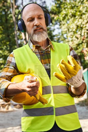 Photo for Hardworking cottage builder in safety gloves and vest posing with headphones and helmet on site - Royalty Free Image