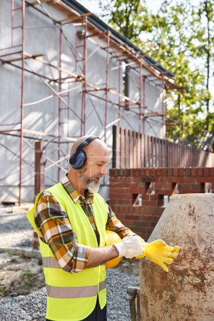 Foto de Duro constructor de casa de campo en guantes de seguridad y chaleco posando con auriculares y casco en el sitio - Imagen libre de derechos