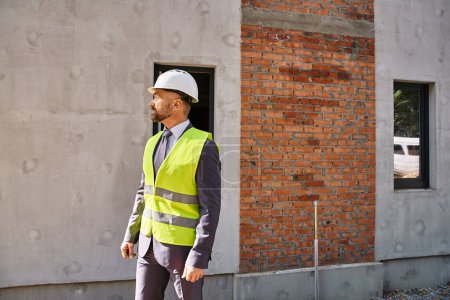 devoted businessman in safety vest and helmet posing on construction site and looking away