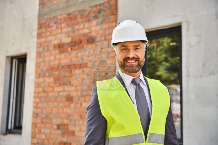 cheerful hardworking businessman in safety helmet smiling happily at camera on construction site