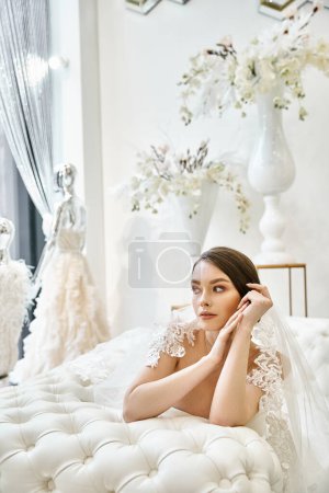 Une jeune mariée brune dans une robe de mariée posée paisiblement sur un lit blanc immaculé.
