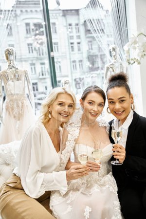 Eine bunt gemischte Gruppe elegant gekleideter Frauen steht zusammen und hält Weingläser zur Feier der Hochzeit